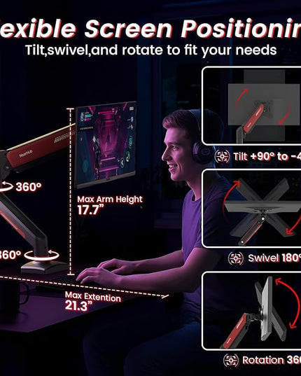 NearHub Gaming Monitor Mount for Computer Screen 13-32" and up to 22 lbs,360° Rotation,+90° to -45° Tilt,180° Swivel,with C Clamp and Grommet Base,Integrated Cable Management,75x75/100x100 VESA,RED