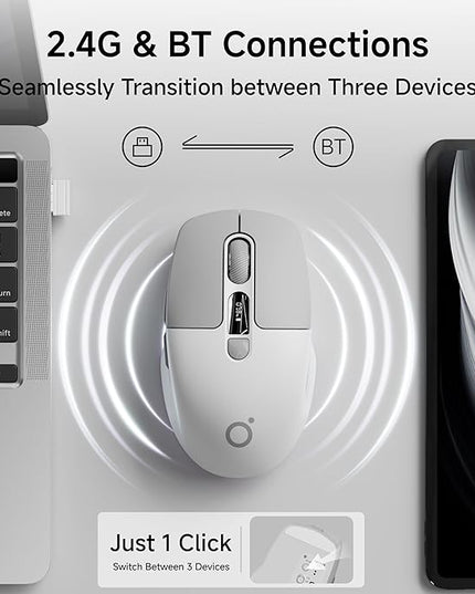 EWEADN Q1 Wireless Mouse, BT & 2.4G Silent Mouse Quiet Click with 1600 DPI Levels, Battery & DPI LED Screen Display, 6 Button Small Portable Bluetooth Mouse for Laptop/PC/Mac-Grey