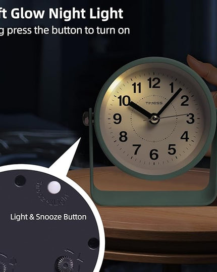 TIMESS Analog Alarm Clock, Silent Non-Ticking Quartz Movement, Battery-Operated with Snooze & On-Demand Light, Easy to Set Gentle Wake Bedside Desk Clock, Ideal for Home, Travel, Office (Green)
