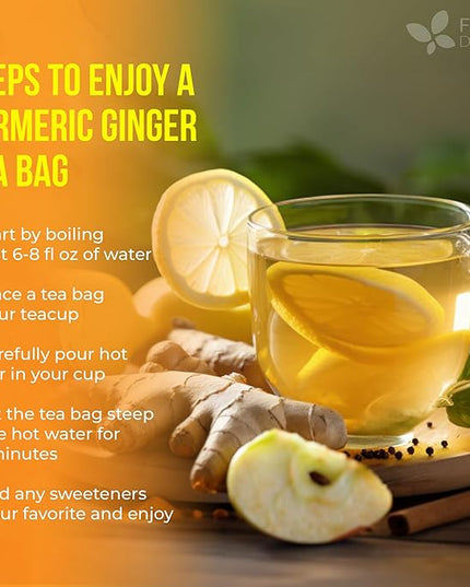 FreshDrinkUS, Premium 45 Ginger Turmeric Tea Bags, 100% Natural Ingredients, Hand-made Blend of Ginger and Turmeric Herbal Tea, Eco-conscious Tea Bags. No Sugar, No Caffeine, No Gluten, Vegan.