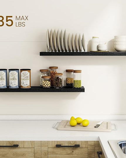 Dreamland 36Inch Floating Shelves for Wall, Rustic Wooden Black Floating Shelves for Bathroom|Bedroom|Kitchen, Deep Wall Mounted Book Shelf, Wood Storage Display Shelf for Home Decor, Set of 2