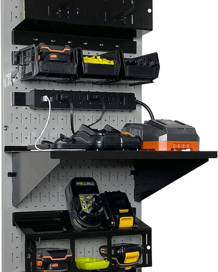 Wall Control Power Tool Storage Organizer Kit Cordless Drill Holder Charging Station Rack 16” x 32” Metal Pegboard Organization System (Grey Pegboard)