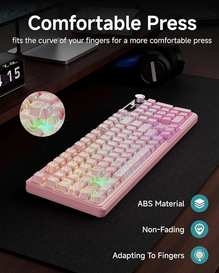 V102 Wired Keyboard, 98 Keys Creamy Gaming Keyboard with Number Pad, Display Screen & Media Knob RGB Silent Wired Cute Computer Keyboard for Laptop PC Gamer - Light Pink