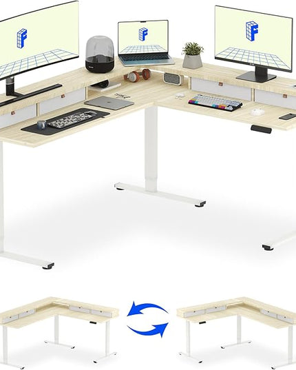 FLEXISPOT 71" L Shaped Standing Desk Electric Corner Table with Shelf, 4 Storage Drawers, Adjustable Computer Workstation for Home, Office, Game, Studio, USB Charger, Light Maple Top + White Frame