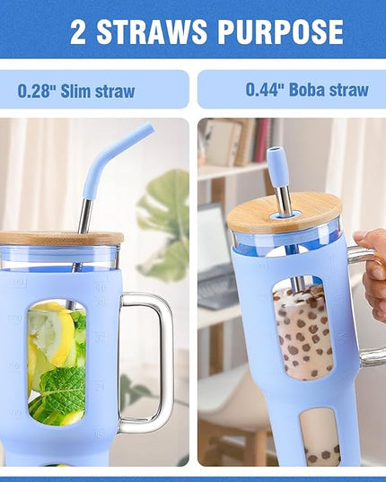 Glass Tumbler with Lid and Straw, 46 oz Iced Coffee Cup with Handle, Large Water Bottles with Silicone Sleeve, Glass Cup with Straws - Pearl Straw & Drinking Straw BPA Free-Glacier