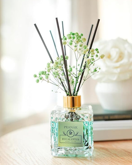 Reed Diffuser Set - Eucalyptus Mint Oil, Oil Diffuser Sticks, Bathroom Diffuser, Bathroom Decor, 200ml with Preserved Flowers - PEANÄK