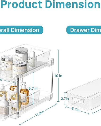 Vtopmart 4 Pack Bathroom Organizer, 2 Tier Clear Under Sink Organizers Vanity Countertop Storage Container,Cabinet Drawers Bins, Pull-Out Organization with Track for Pantry, Kitchen