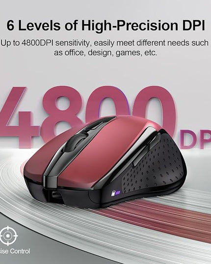 TECKNET Wireless Mouse (BT5.0/3.0 & 2.4G) Rechargeable 4800 DPI Silent USB A & Bluetooth Mouse 6 Buttons, Wide Compatibility - Red