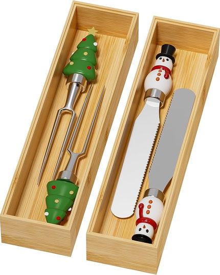 Bamboo Drawer Organizer, Narrow Stackable Cutlery Tray for Kitchen, 2 Pcs Silverware & Utensil Box, 12" x 3" x 2" (Outer), 11.3" x 2.3" x 1.77" (Inner)