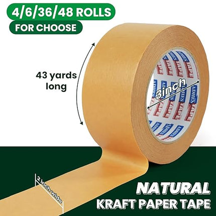 ADHES Kraft Paper Tape, 2 Inch x 44 Yards, 36 Rolls Writable & Uncoated Heavy Duty Paper Tape, Biodegradable Brown Packing Tape for Sealing, Packaging & Moving