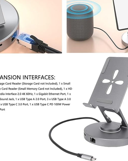 Zopsc USB C Docking Station, 11-in-1 Tablet Stand with 4K HDMI, 100W PD, Gigabit Ethernet, 4 USB Ports, Card Reader, Adjustable for Laptops, Tablets, Steam Deck and Smartphones