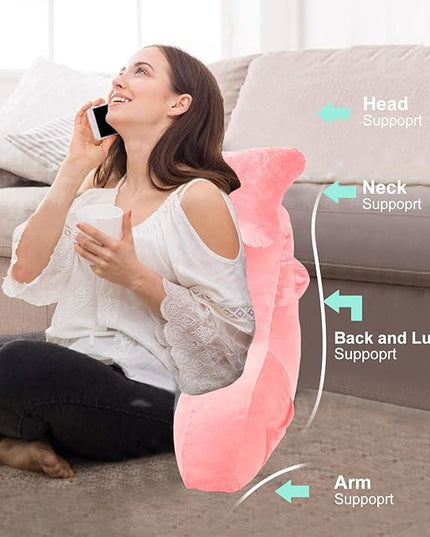 SLIGUY Reading Pillow for Sitting in Bed Couch Adult, Back Pillow with arm Support and Pockets, Adult Back Pillow Bed Chair for Rest, Reading, Watching TV, Gaming for Boys and Girls Pink