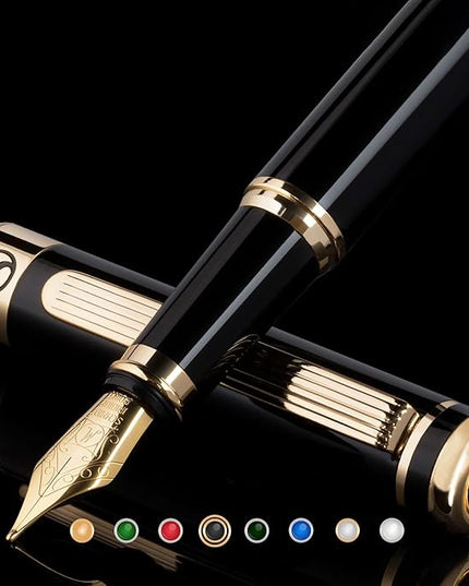 Scriveiner Personalized Black Fountain Pen - Stunning Luxury Pen, Jet Black Lacquer, Real Gold Plating, German Schmidt Nib (Medium), Best Engraved Gift Set for Men & Women, Name Engraving