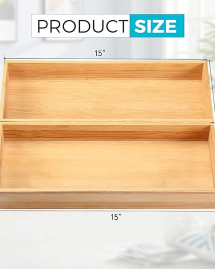 Fabsome Kitchen Utensil Drawer Organizer, Bamboo Silverware Cutlery Flatware Organizer Bins, Wooden Container Storage Trays for Bathroom Vanity Junk Drawer, 15" x 6" Set of 2
