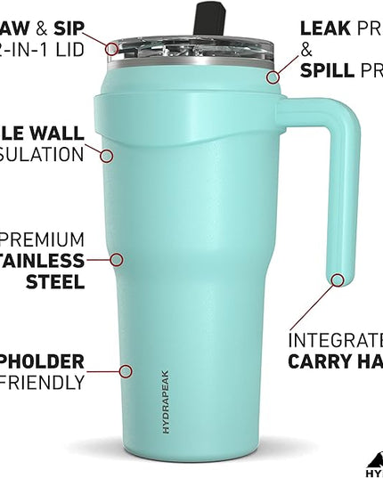 Hydrapeak Roadster 40oz Stainless Steel Tumbler Double Wall Vacuum Insulated Water Bottle With Handle And 2 in 1 Straw Lid (Aqua)