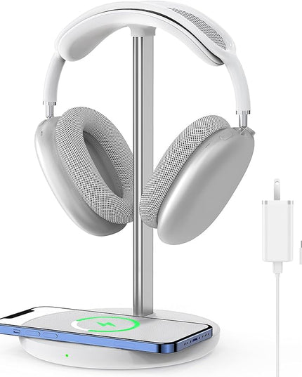 Headphone Stand with Wireless Charger, Gaming Headset Holder Hanger Rack 2 in 1 Wireless Charging Station Dock for iPhone 15/14/13/12/11 Series, AirPods Pro/3/2 and Desk All Headphones, White