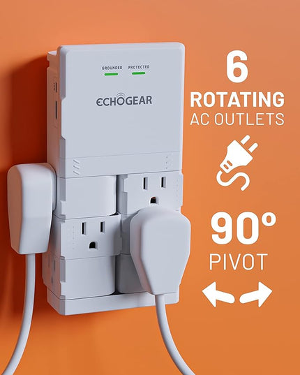 ECHOGEAR Wall Outlet with USB Ports & Surge Protection - Power Protect 8 Devices 6 Rotating AC Plugs 2 Includes 1x USB-C Port USB-A White