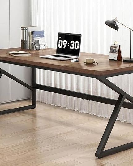 HSH Large Home Office Desk, Modern Wood Metal Computer Desk for Two Person, Extra Long Executive Writing Study Gaming Double Desk Workstation, 70 Inch Rustic Bedroom Living Room Table for 2 Monitors