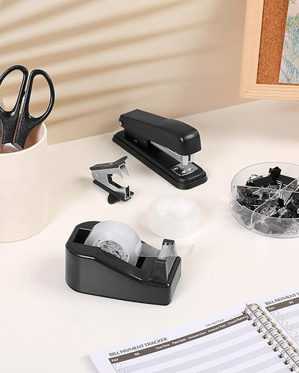 SKYDUE Black Office Supplies Set, Black Desk Accessories, Stapler, Tape Dispenser, Scissors, Binder/Paper Clips and 1000pcs Staples, Desk Supplies Set
