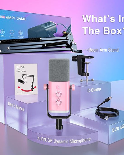 FIFINE XLR Gaming Microphone USB, PC Dynamic Microphone Kit for Vocal, Recording, Podcast, Streaming RGB Mic with Headphone Jack, Mute Button, Boom Arm Stand for Computer/Mixer-AmpliGame AM8T Pink