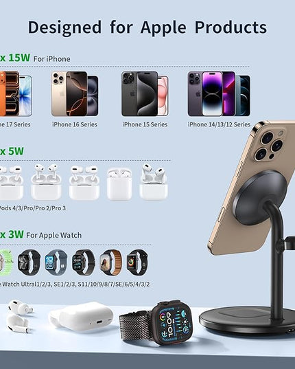 XooFly 3 in 1 Wireless Charging Station for Apple Devices, Fast Wireless Mag-Safe Charger Stand with 20W Adapter for iPhone 17/16 15 14 13 12 Pro Max/Pro/Plus/Air/Mini, iWatch, AirPods (Black)