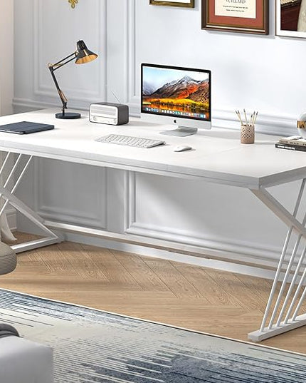 FOLUBAN 70.9" Modern Computer Desk with Z-Shaped Legs, Industrial Executive Home Office Desk for 2 Person, Large Writing Study Table for Bedroom, Gaming Workstation, White
