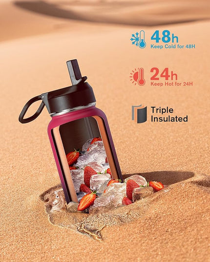 Water Bottle 32 oz Insulated with Straw, Coolflask Stainless Steel Metal 3 Lids Water Flask Wide Mouth for Sports or Office, Non-BPA Keep Cold Up to 48 Hrs or Hot Up to 24 Hrs, Ombre Wine/Navy