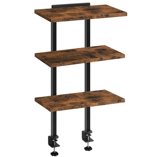 MAHANCRIS Clamp On Desk Organizer, 3-Tier Desktop Bookshelf, Adjustable Desk Storage Shelf, Metal Frame, for Office, Study and Game Room, Rustic Brown DSHR3601