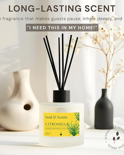 Soul & Scents Reed Diffuser Set – Citronella | 7.43 oz Refillable Scented Oil with 6 Fiber Sticks | Long-Lasting Home Fragrance & Air Freshener for Bedroom, Bathroom, Office | Gift & Décor Piece