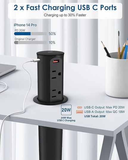 Jgstkcity Pop Up Power Outlet for Countertops & Desks,2.5-Inch Hole Flush, Mount, 20W USB-C, 4 USB Ports, 4 Tamper-Resistant 15A Outlets - Space-Saving Recessed Design,1875W,ETL Listed