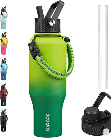 BJPKPK Insulated Water Bottles with Straw Lid, 35oz Metal Water Bottle with 2 lids & Paracord Strap, Double Wall Stainless Steel Vacuum Tumblers, Cups, Mugs, Thermo for Hot& Cold Drinks, Bamboo Grove