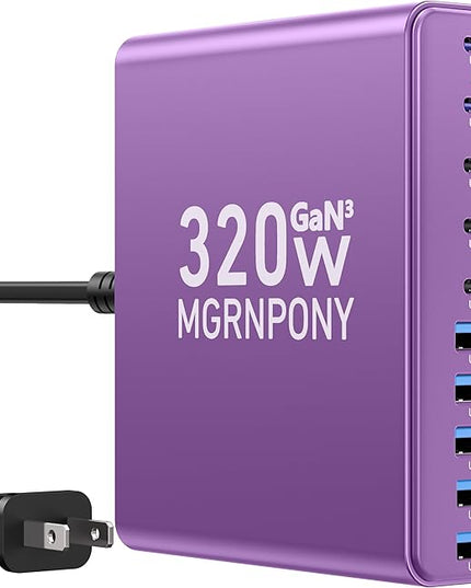 320W USB C Charger Block, 10-Port USB C Charging Station GaN III PD 65W Laptop Fast Charger Adapter for MacBook Pro/Air, DELL, iPad, iPhone, Samsung Galaxy (Purple)