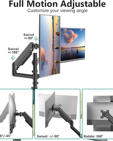 WALI Dual Monitor Mount, 13-32 Inch Adjustable Spring Dual Monitor Arm for Desk Holds Max 19.8 lbs Screens, Swivel Vesa Bracket with C Clamp, Grommet Mounting, Monitor Arms for 2 Monitors (GSDM002)