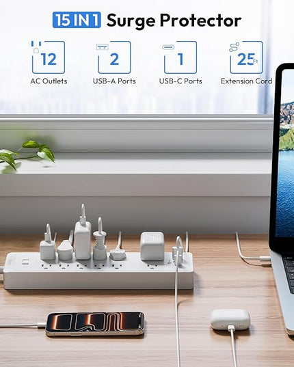 15 ft Extension Cord Flat Plug Power Strip, NTONPOWER 2100 Joules Surge Protector with 12 Outlet 3 USB Port, 1875W/15A, Overload Protection, Long Cord Wall Mountable for Home Office Accessories, White