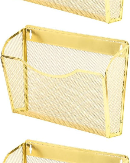 EASEPRES 3 Single Pocket Mesh Hanging File Organizer, Vertical Wall Mounted Magazine File Holder, Mount Basket Mail Paper Document Folder Organizing for Office, Home and School, Gold
