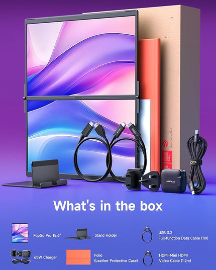 JSAUX FlipGo Pro 15.6" Dual Portable Monitors, 1080P FHD IPS Dual Screen Monitor, Triple Screen Laptop Monitor Extender for Wins/macOS (Driver Required) with Magnetic Design/Plug & Play/Built-in Hub