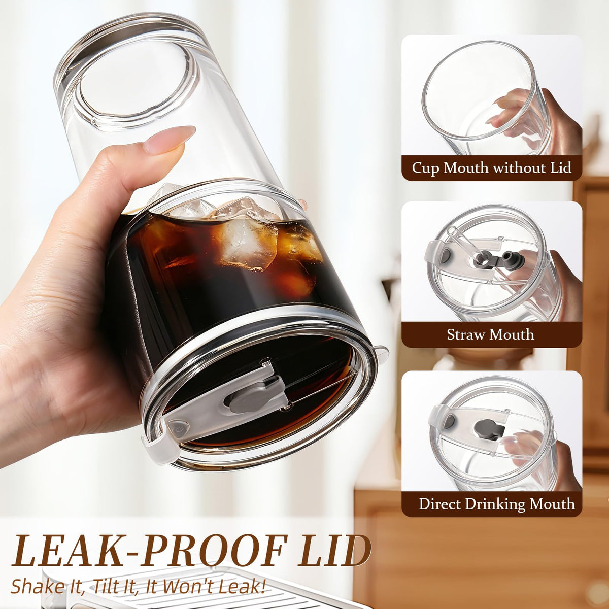 Iced Coffee Cups with Lids: Coffee Bar Accessories - Tumbler Leak Proof for To Go Iced Coffee Cup with Lid 4Pack - 20 oz Glass Cup with Lid and Straws - Thickened Glass Tumbler with Straw and Lid600ml