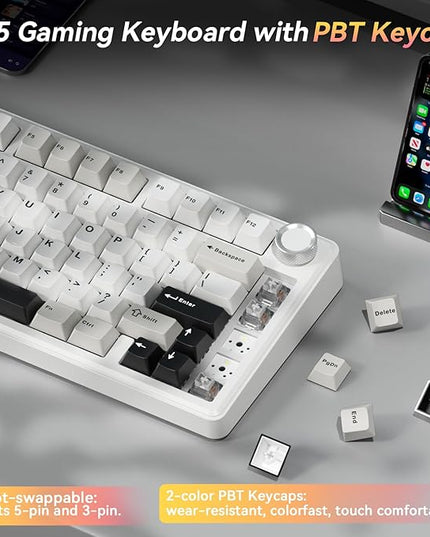 SOLAKAKA A75 75% Wireless Mechanical Keyboard, Hot Swappable Gaming Keyboard with Multifunction Knob & RGB, Gasket Mounted Creamy Keyboard, PBT Keycaps, Compact Layout for Win/Mac/PC