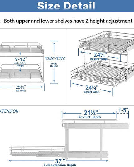 ROOMTEC Individual Pull Out Cabinet Organizer (25½"W x 21½"D), 2 Tier Spice Rack Organizer for Cabinet, Slide Out Drawer Pantry Shelf Organization and Storage for Kitchen Bathroom