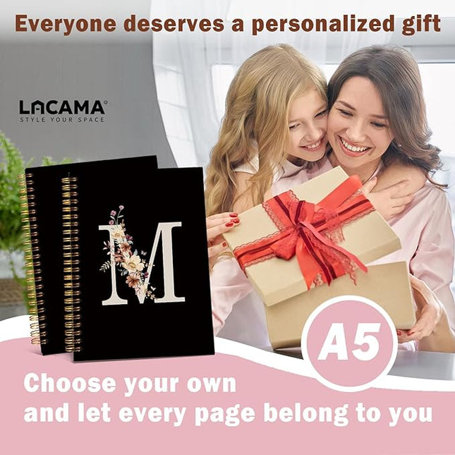 Lacama Cute Initial Letter M School Notebook Journal, Aesthetic Wildflower Personalized Black Spiral Notebook, School Supplies, Customized Monogrammed Gifts, Birthday Gifts for Women, Office Supplies