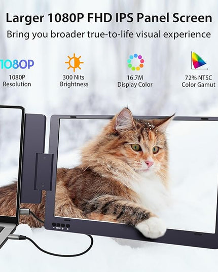 KYY 14" Portable Triple Monitor for Laptop, Laptop Screen Extender with Full HD IPS Display, Computer Extended Monitor Compatible with Mac, Windows, Chrome, Fits 12-16 Inch Laptops