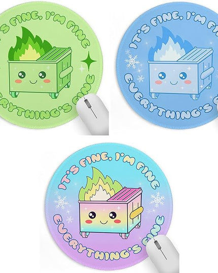 3 Pack Colorful Dumpster on Fire Small Mouse Pad, Cute Funny Round Mousepad with Non-Slip Rubber Base, This is Fine Mouse Pads for Desk Accessories Laptop Gaming Office Supplies Decor(8.6 x 8.6 Inch)