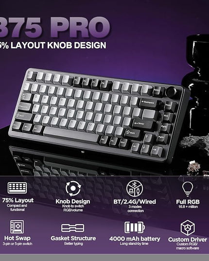 YUNZII B75 PRO Wireless Mechanical Keyboard,75% Layout with Knob,Hot Swap Gasket Structure,Creamy Pre-lubed Switches,RGB Backlit,Bluetooth/Type-C/2.4G for Win/Mac (Dark Grey, Milk Switch)