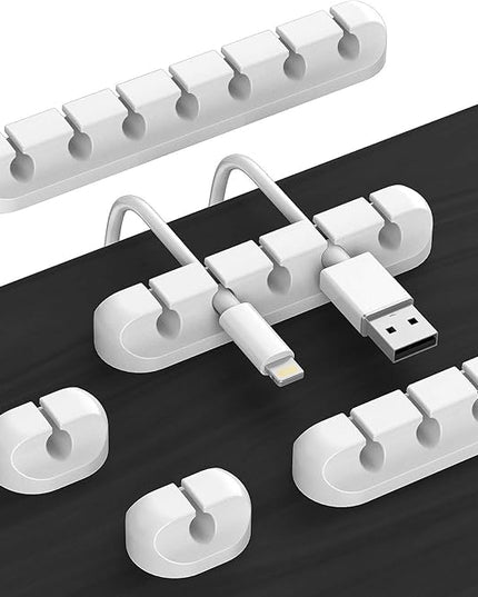 Cord Holder Cable Organizer Clips – Self Adhesive Cord Organizer for Desk, Car, Nightstands, Office, White Silicone Cord Keeper Cable Clips Wire Holders for Phone Charger Cords (7-5-3-1-1 Slots)