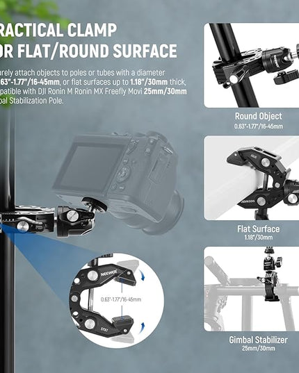Neewer Super Clamp with Ballhead, Cold Shoe, Phone Holder and Action Camera Mount Adapter for Flat/Round Surface Compatible with GoPro DJI iPhone 15 Pro Max, ST87