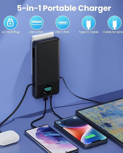 Portable Charger 33800mAh USB C Power Bank with Built-in Cables & AC Wall Plug,25W Fast Charging+QC 4.0 Phone Charger,4 Output Travel Essentials Battery Pack for iPhone16/15/14/13,Samsung,Android etc