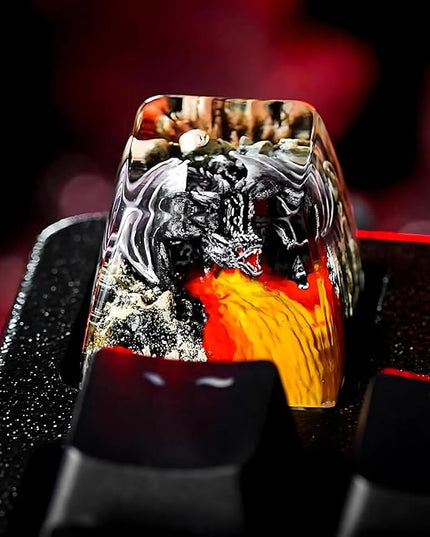 Fantasy Black Dragon in Volcano Artisan Keycap R1 SA Profile Custom Cool Dragon Keycaps 1U ESC Handmade Gaming Resin Key Cap Cherry MX Switch Compatible Mechanical Keyboard Dragon Lover Gift