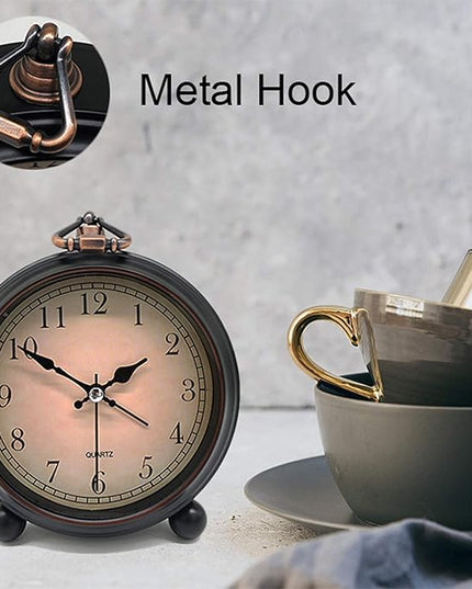 TooTa Vintage Retro Analog Alarm Clock, 4 inch Super Silent Non Ticking Small Clock with Night Light, Battery Operated, Simply Design, for Living Room, Bedroom, Bedside, Desk, Gift Clock (Arabic)