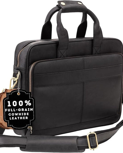 Luxorro Full-Grain Leather Briefcase for Men - Laptop Bag with Leather Computer Compartment