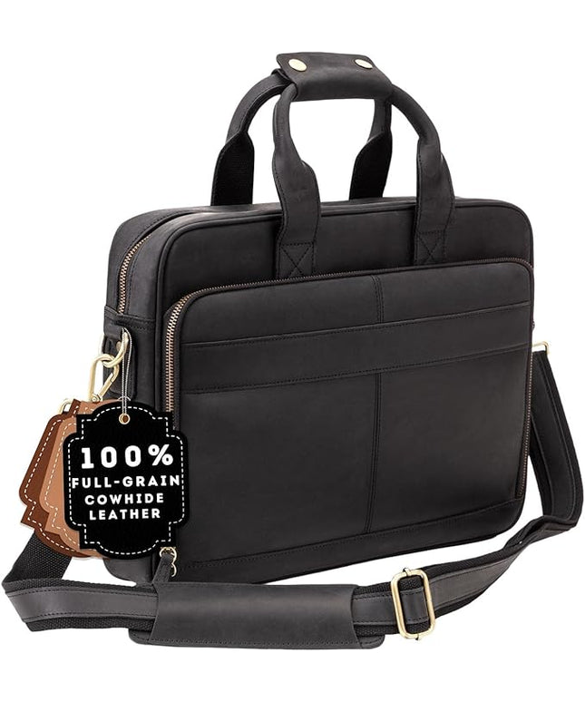 Luxorro Full-Grain Leather Briefcase for Men - Laptop Bag with Leather Computer Compartment